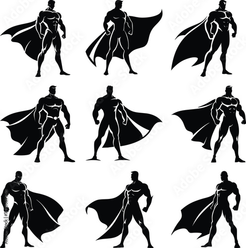 Various muscular superhero silhouette poses with flowing capes against a white backdrop, showcasing strength