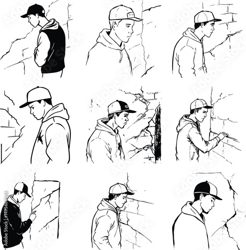 Various line drawings display Asian men inspecting and pointing at cracked brick walls seriously