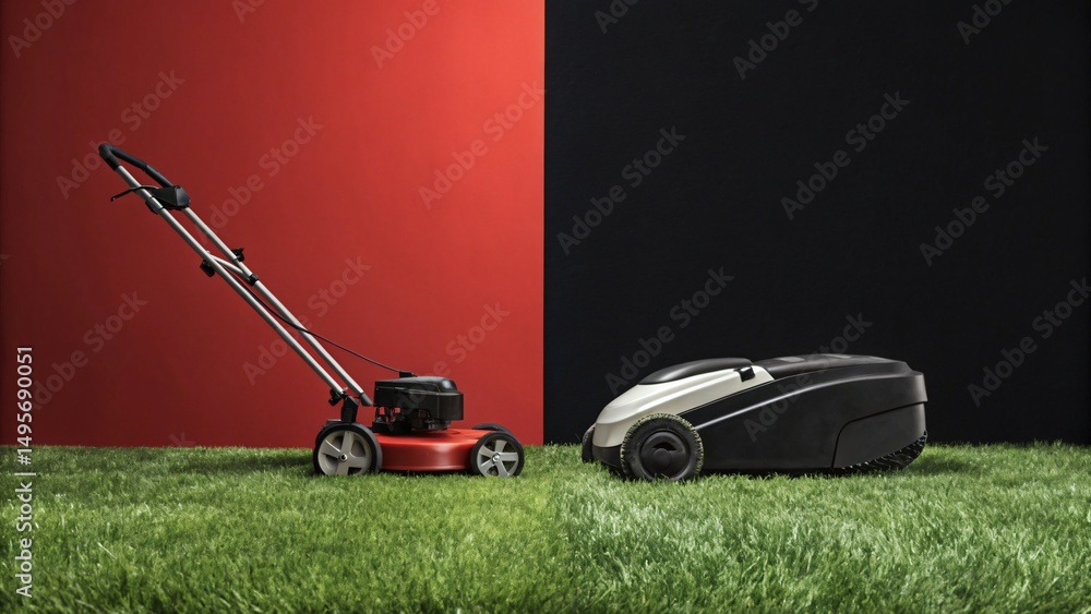 Fototapeta premium Rotary Lawnmower vs Robotic Lawnmower Contrast,Vintage Red and Black Split-Screen,Lawn Care Tech Evolution