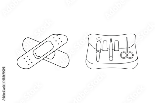Illustrated first aid elements with bandages and medical instruments in monochrome style