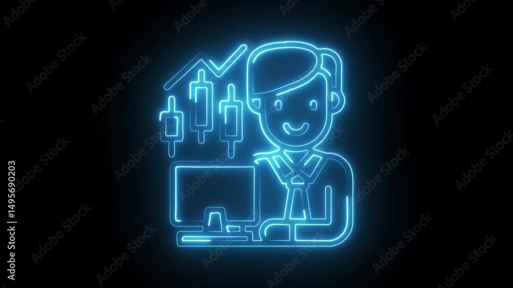 Neon trader character with rising stock market chart analysis concept glowing Neon trader character with rising stock market chart analysis concept glowing