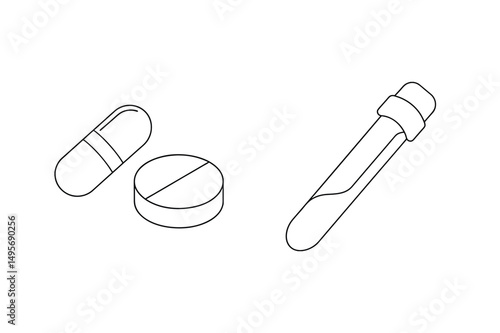 Isometric line drawing of medical pills and a test tube representing health and medicine