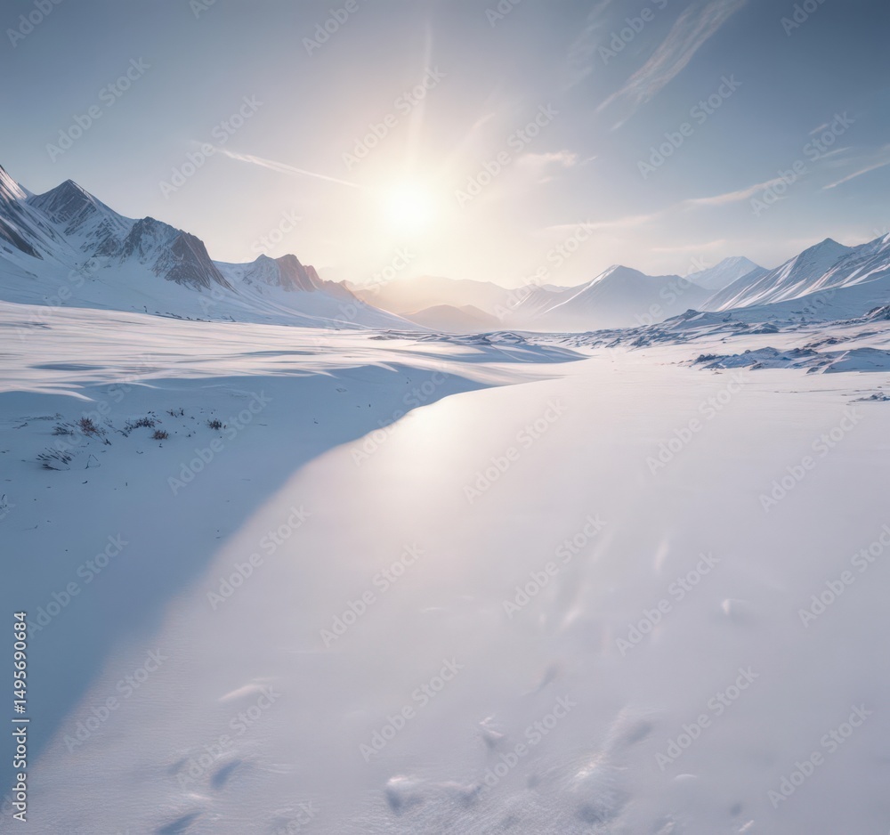 Fototapeta premium Vast expanse of undisturbed snow, ethereal light on frozen terrain, icy plains, landscape, snow
