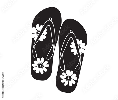 Silhouette flip flops vector illustration. Beach sandal silhouette with flower pattern.
