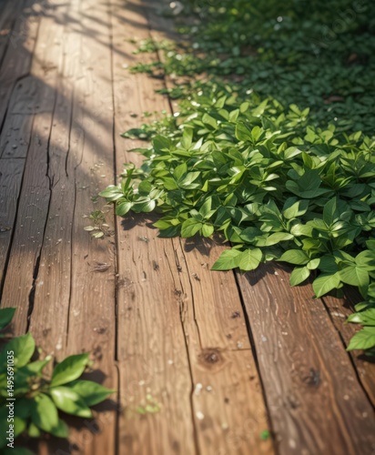 Sunlight dappled on wooden surface, vibrant green leaves, wood,  leaf,  clean