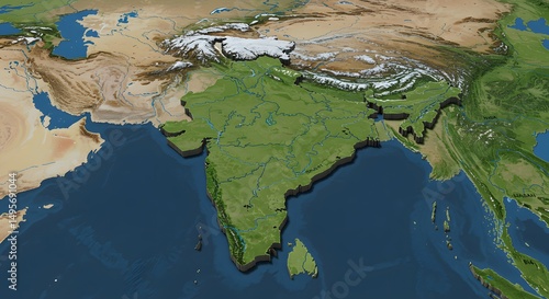 Detailed 3D Relief Map of the Indian Subcontinent Geography, Topography, and Rivers
