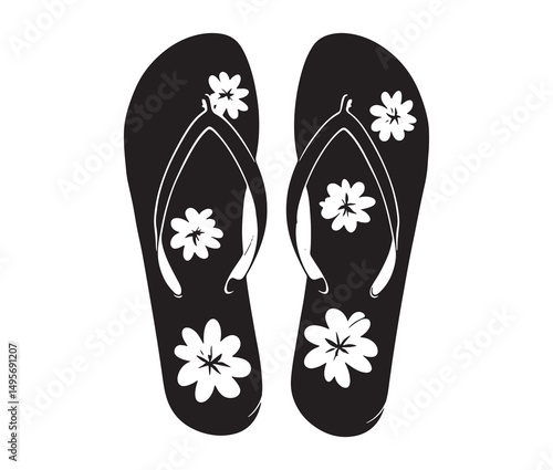 Silhouette flip flops vector illustration. Beach sandal silhouette with flower pattern.