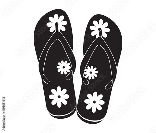 Silhouette flip flops vector illustration. Beach sandal silhouette with flower pattern.