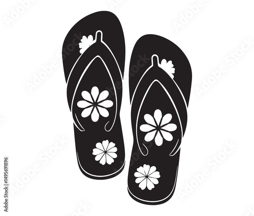 Silhouette flip flops vector illustration. Beach sandal silhouette with flower pattern.