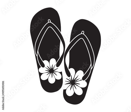 Silhouette flip flops vector illustration. Beach sandal silhouette with flower pattern.