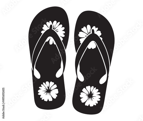 Silhouette flip flops vector illustration. Beach sandal silhouette with flower pattern.