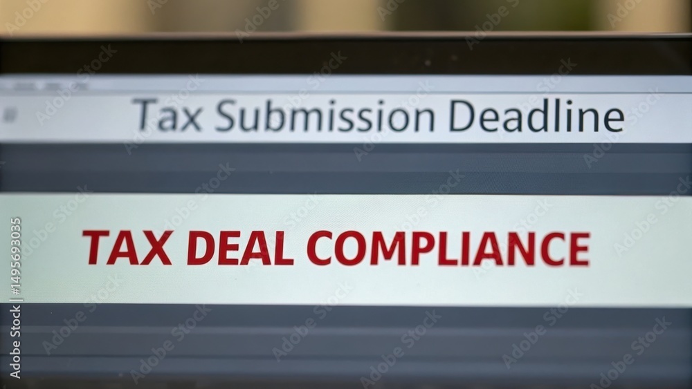 Tax deal compliance concept. Tax compliance information displayed on a digital screen for submission deadlines. Tax deal compliance concept. Tax compliance information displayed on a digital screen for submission deadlines.