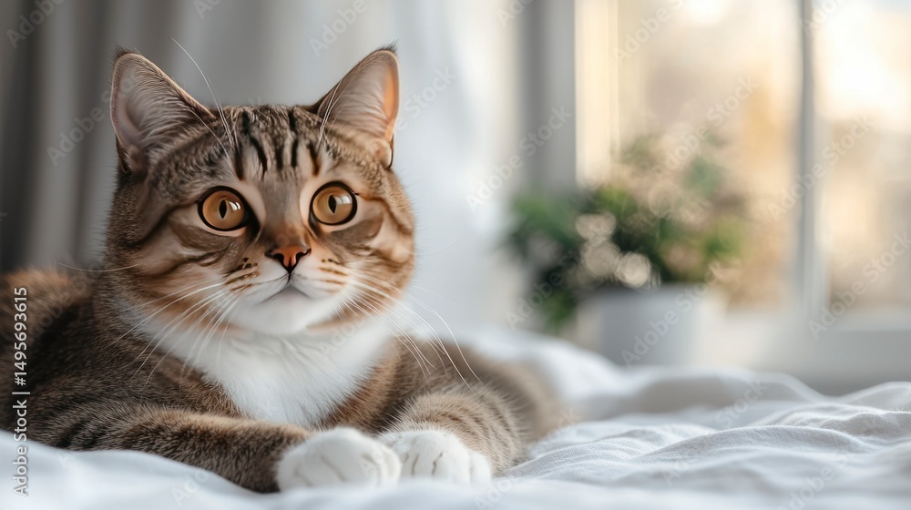 A serene tabby cat lounges on a soft bed indoors near window A serene tabby cat lounges on a soft bed indoors near window