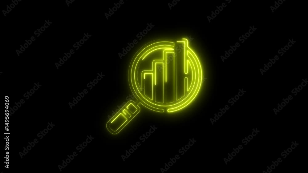 Neon magnifying glass over rising bar graph animation on black background Neon magnifying glass over rising bar graph animation on black background