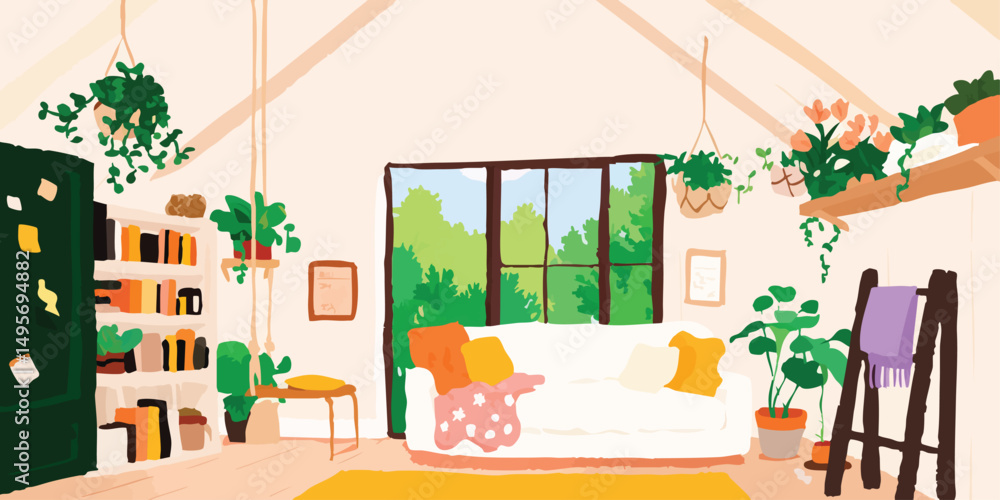 Obraz premium Cozy Interior with Lush Greenery - Illustrated Scene 