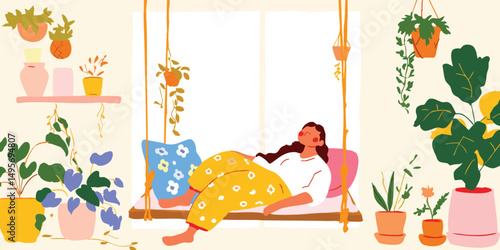 A woman finds peace amidst a vibrant indoor jungle, relaxing on a swinging bed surrounded by lush houseplants.  The soft light filtering through the window illuminates a moment of serene tranquility.