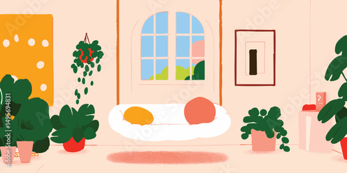 An inviting indoor scene with houseplant arrangements around a window, offering a cozy interior decor with warm and relaxing vibes.