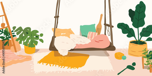 A cozy indoor scene with a swing adorned with soft pillows. Warm hues of yellow and pink complement the greenery from plants and offer a sense of relaxation and serenity.