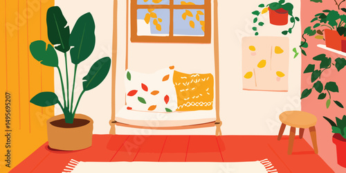 A cozy indoor space filled with potted plants, creating a vibrant and inviting atmosphere. The room features a comfortable swing, a wooden stool, and a window with a view.