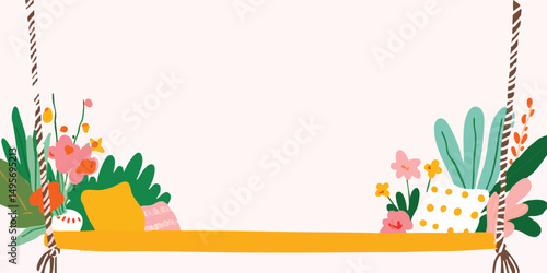 A whimsical illustration of a wooden swing adorned with vibrant flowers and lush foliage, evoking feelings of serenity, peace, and playfulness.