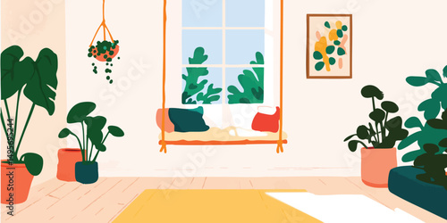 Cozy window seat with indoor plants and hanging planter, creating a serene and relaxing atmosphere.
