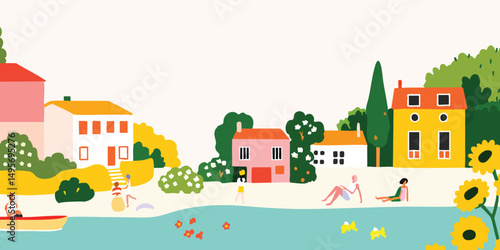A lively coastal scene, where brightly colored houses nestle in the embrace of nature, as people enjoy leisure activities by the water, creating a harmonious setting.