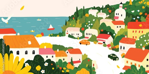Charming seaside village nestled on a hillside, houses and cars adorn the illustration. The sun shines on the coastal landscape, as birds fly in the clear sky. 