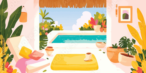 Embrace the serenity of a tropical paradise, where a vibrant interior space opens onto a picturesque view of a sun-drenched swimming pool and flourishing vegetation. A tranquil scene.