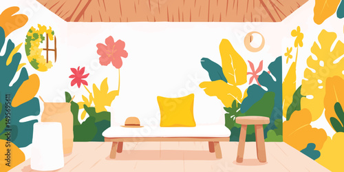 A cozy and inviting relaxation room, adorned with colorful floral motifs, creating a serene atmosphere perfect for a retreat.