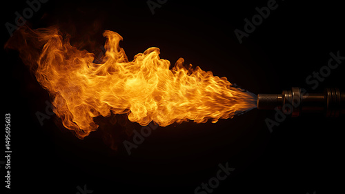 Flamethrower or gas torch emitting bright fire stream in dark background