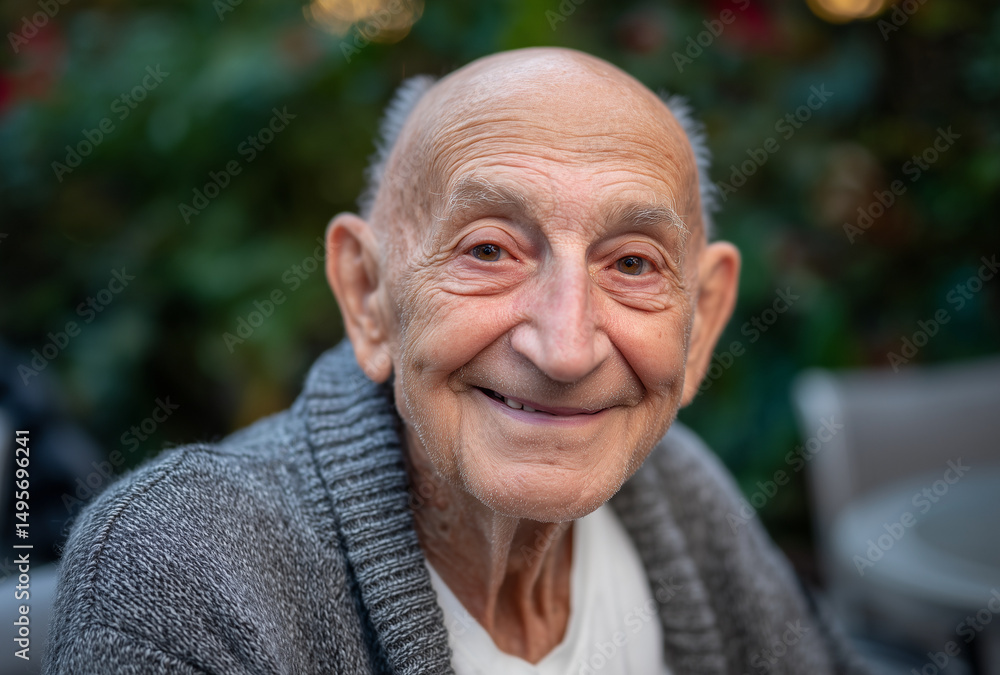 Portrait capturing a cheerful senior man smiling warmly while wearing a cozy gray sweater, exuding joy and contentment in a serene garden setting Portrait capturing a cheerful senior man smiling warmly while wearing a cozy gray sweater, exuding joy and contentment in a serene garden setting