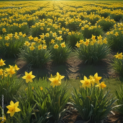 Sunlit daffodil field, vibrant yellow blooms, lush green grass,  close-up,  yellow