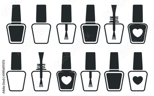 Twelve Nail Polish Bottle Icons Set Black and White Vector Illustration