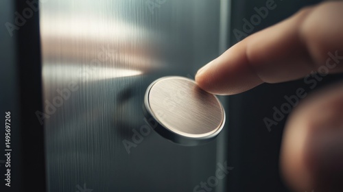 Close-up of Finger Pressing a Metallic Button on a Brushed Steel Surface