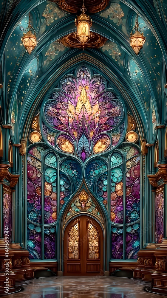 Fototapeta premium Heavenly Light: A magnificent gothic window adorned with radiant stained glass illuminating an ornate wooden door, evokes a sense of timeless beauty and spiritual grandeur, bathed in ethereal light.