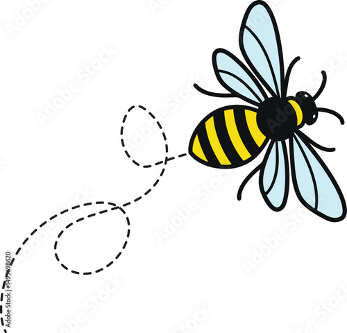 Bee flying icon, Bee flying on a dotted route, Hand drawn bees, Vector illustration on a white background