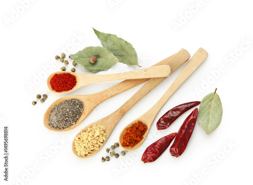 Different aromatic spices isolated on white, top view