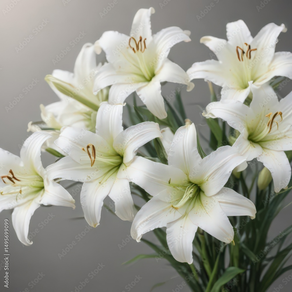 Fototapeta premium Elegant white lilies, soft focus, sympathy card design, death, gentle, stem