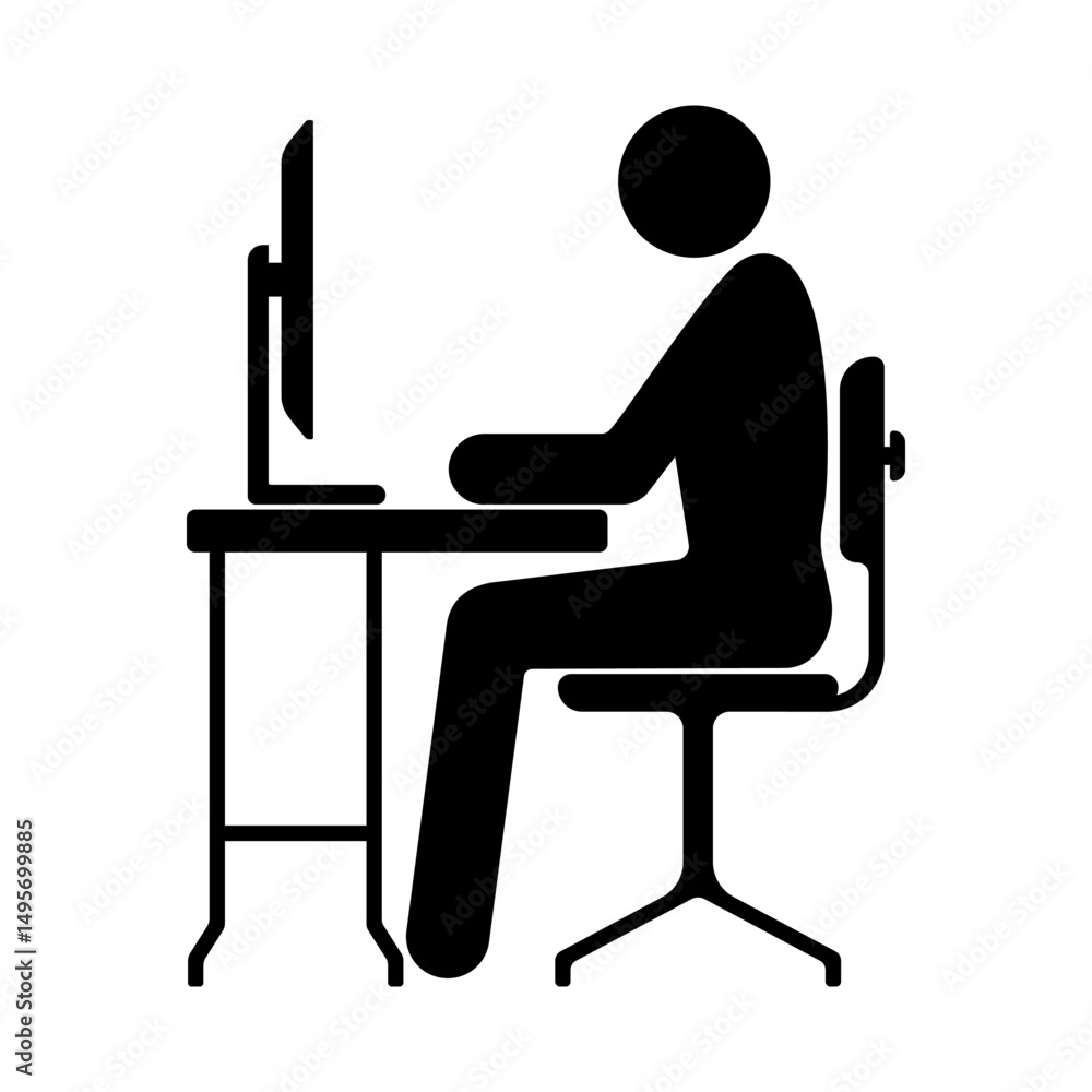 Fototapeta premium icon of a person working on a desktop computer using a chair and desk