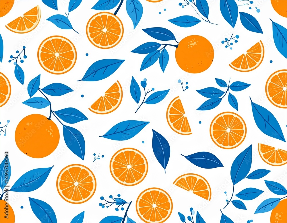 Fototapeta premium Tropikalny wzór z pomarańczami, liśćmi i kwiatami