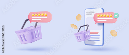 3D shopping online with mobile phone. Rating five stars for best excellent rating in mobile phone. 5 star for quality customer rating feedback concept. Mobile phone icon 3d vector render illustration