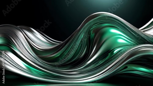 Smooth Silver and Green Waves Flowing in Abstract Digital Art
