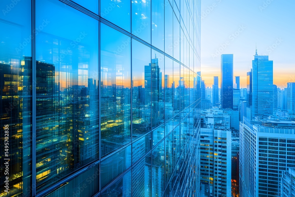 Obraz premium Modern Urban Skyline at Sunset Reflected on Glass Skyscrapers for Cityscape Design