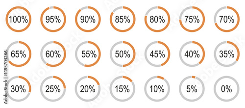 Round diagrams icons for infographics from 0 to 100 percent. Percentage infographics elements. Orange, grey color fill divided pie charts indicator samples. Circle graph loading progress patterns.