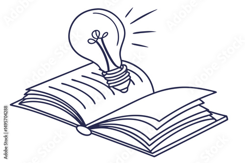 Book and glowing light bulb in one line creativity sketch