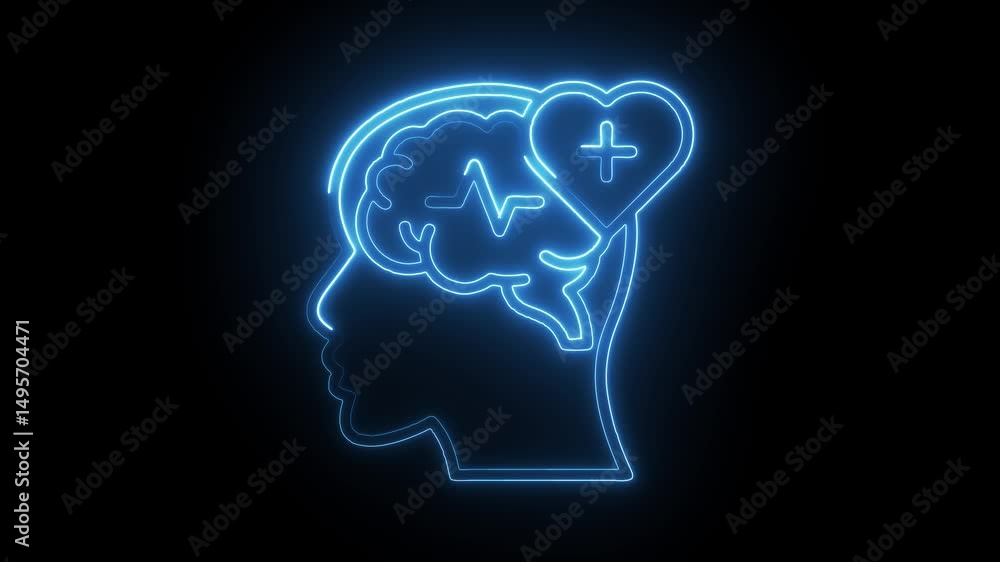 Neon glowing human head with brain heartbeat and heart for medical concepts Neon glowing human head with brain heartbeat and heart for medical concepts