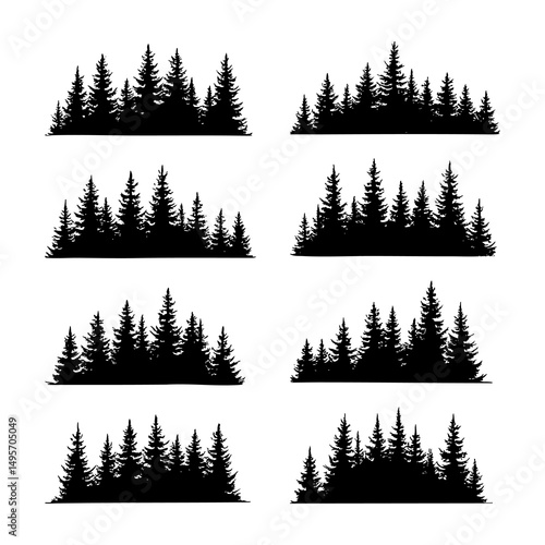 Fir trees silhouettes set. Coniferous spruce horizontal background patterns, black evergreen woods vector illustration. Beautiful hand drawn panorama with treetops forest. Black pine woods