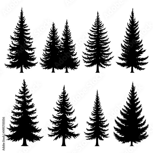 Seamless pattern of hand-drawn black fir trees on a light gray background.