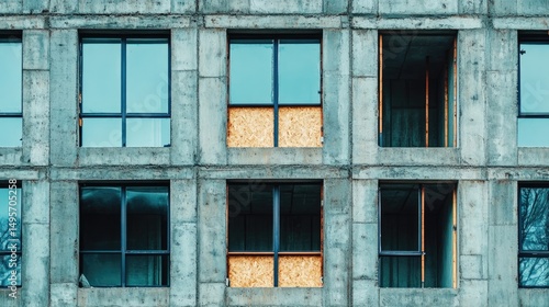 Abstract Concrete Building Facade with Windows Under Construction, Modern Architecture Detail