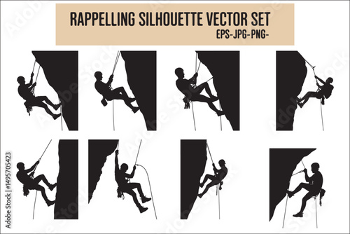 Mountain Climbing & Rappelling Silhouettes – Extreme Sports Vector Icons.